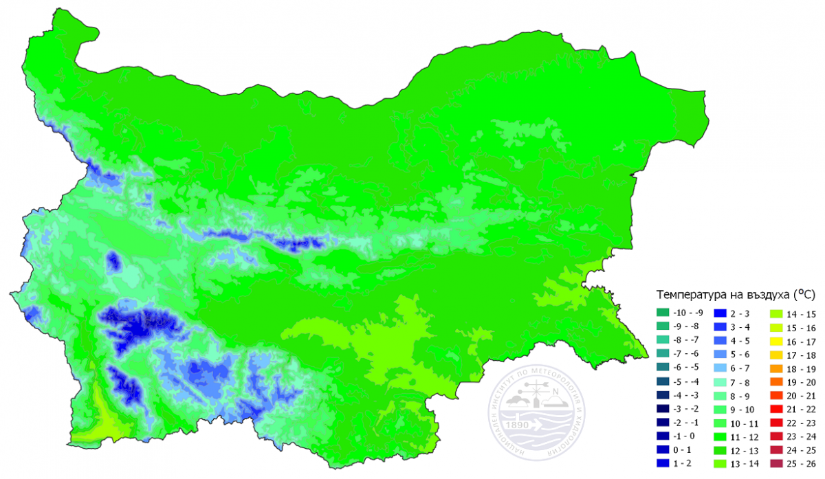 Фигура 1. Пространствено разпределение на климатичните норми на средногодишната температурата на въздуха за периода 1991-2020 г