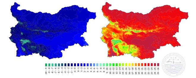Фигура 2. Пространствено разпределение на месечните климатични норми на температурата на въздуха (℃) за януари (вляво) юли (вдясно) за периода 1991-2020 г. 
