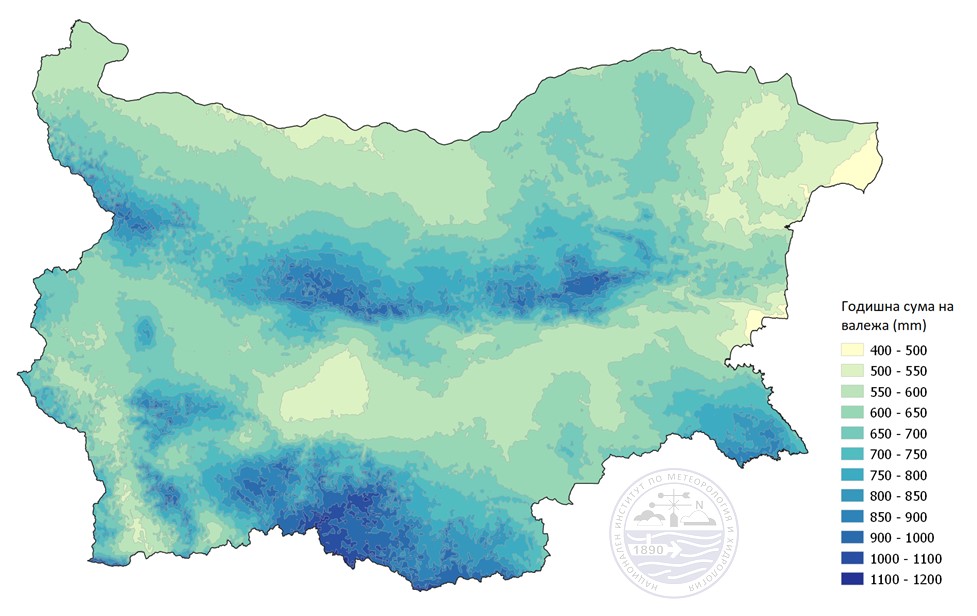 Фигура 3. Пространствено разпределение на климатичните норми на годишната сума на валежа за периода 1991-2020 г.