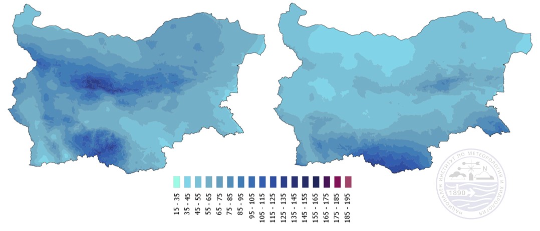 Фигура 4. Пространствено разпределение на месечните климатични норми на валежите (в mm) за юни (вляво) и декември (вдясно) за периода 1991-2020 г.